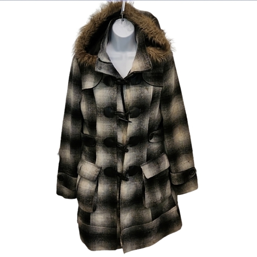 LAST Kiss Flannel Faux Fur Trimmed Hooded Jacket